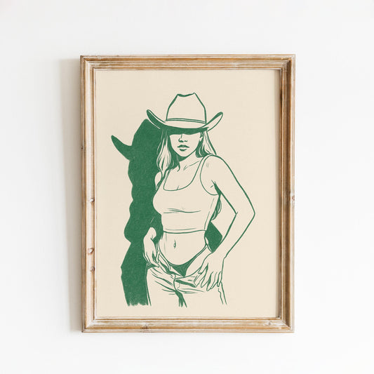 Cowgirl Shadow Poster – Minimal Green Line Western Wall Art