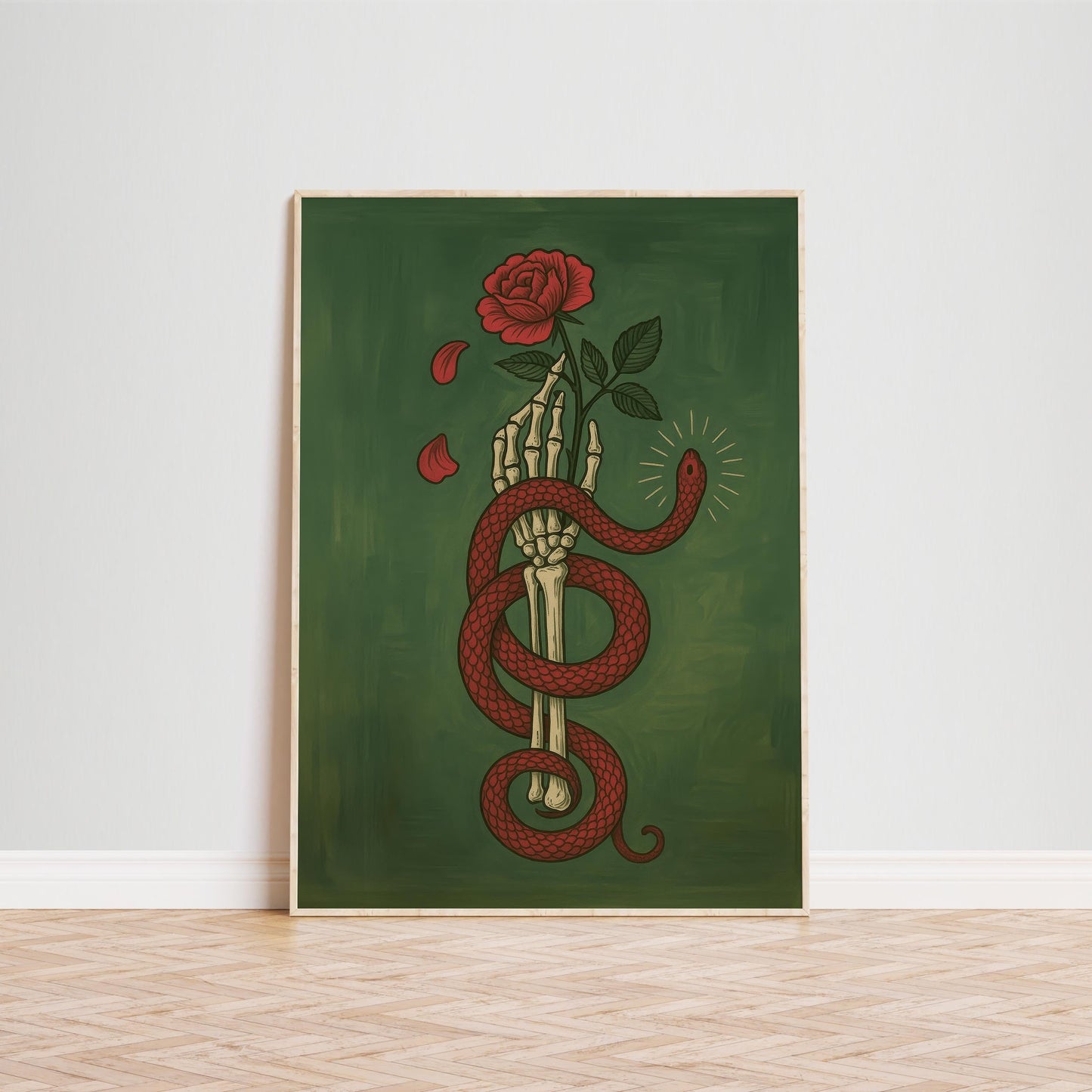 Gothic Wall Poster – Skeleton Hand Art with Red Rose & Green Serpent Design