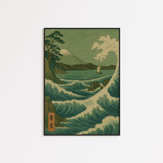 Vintage Japanese Wave Poster – Hokusai Style Ocean Wave Artwork With Mt Fuji Decor