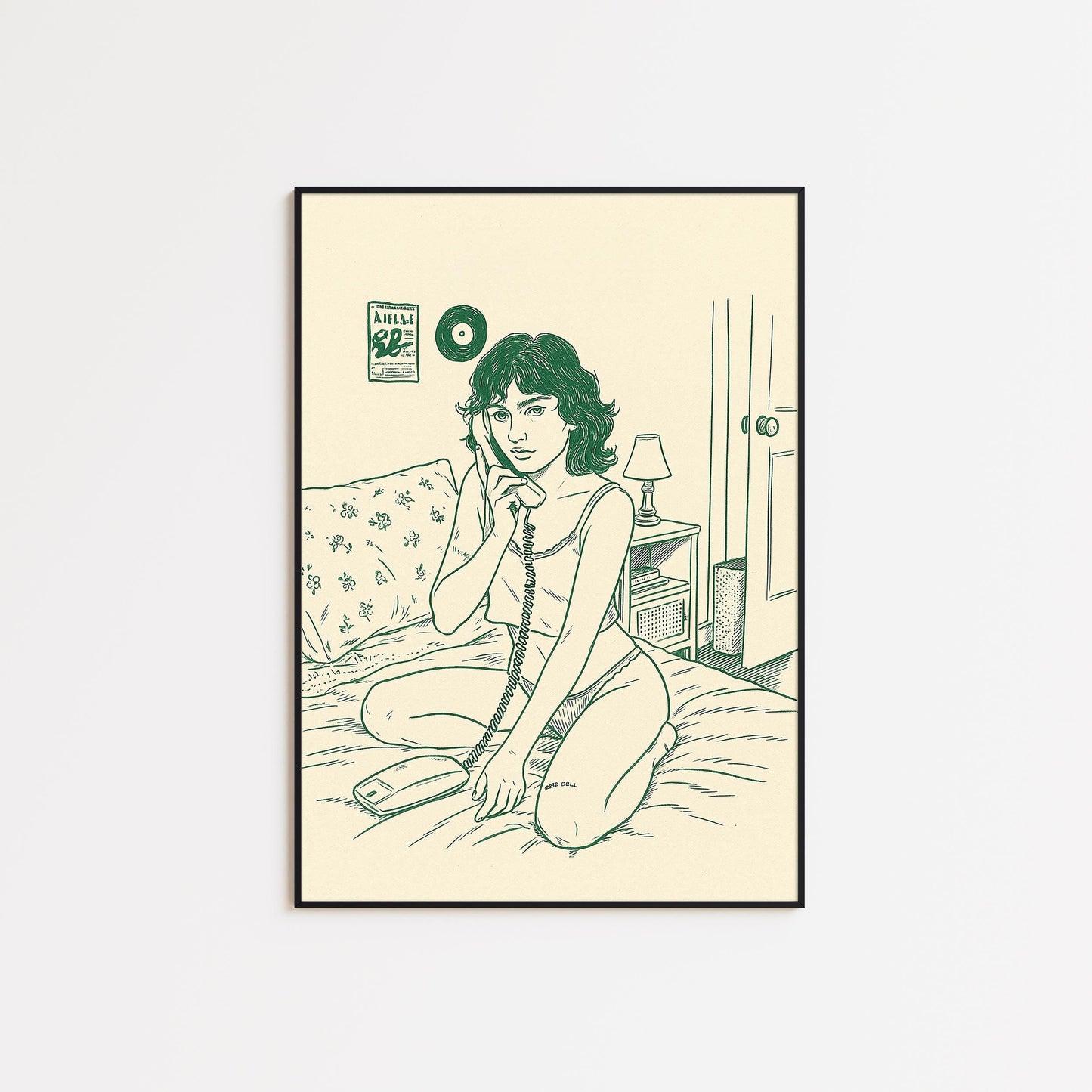 Girl on the Phone Poster – Vintage Bedroom Line Art Print