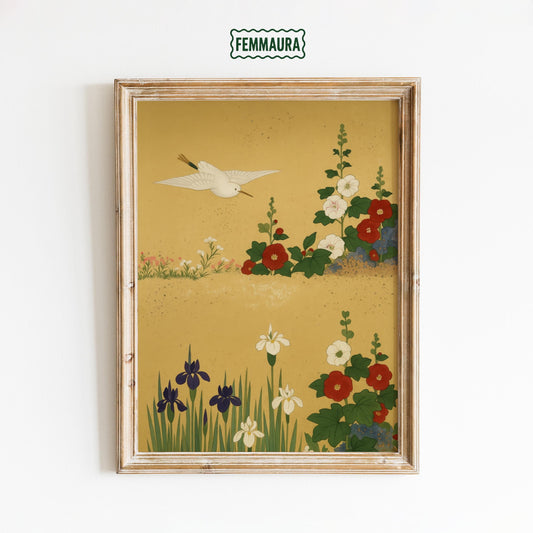 Japanese Vintage Wall Art – White Bird Print with Hollyhock Floral Decor