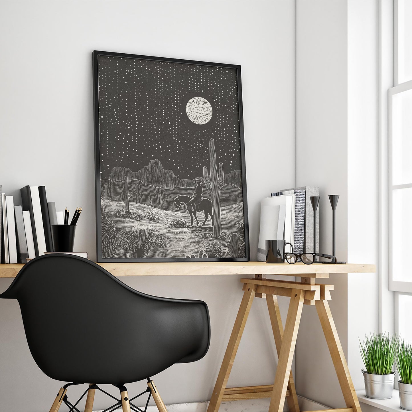 Cowboy Under Moonlight – Western Desert Night Poster