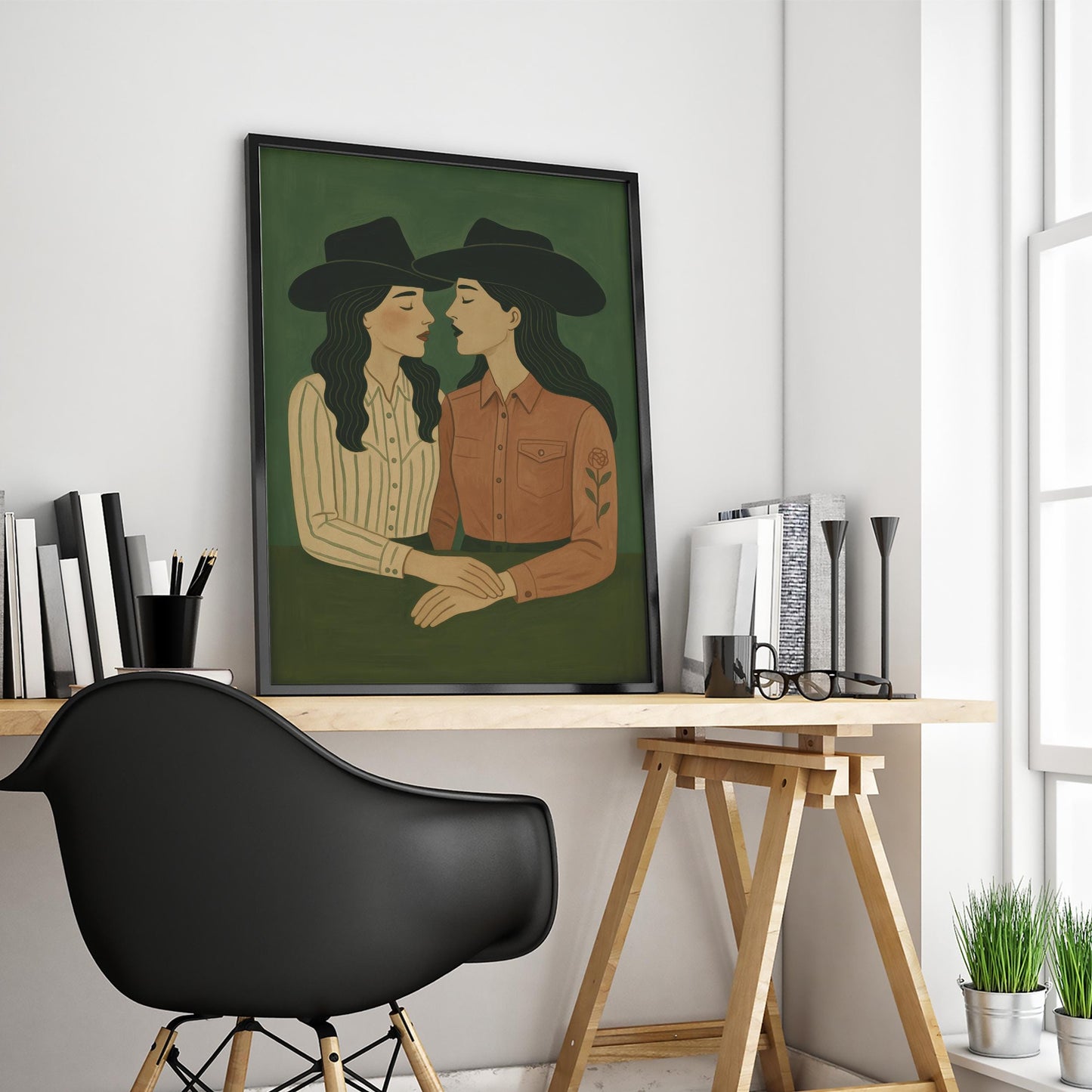 Cowgirl Lovers Poster – Queer Western Art With Rose Embroidery Detail