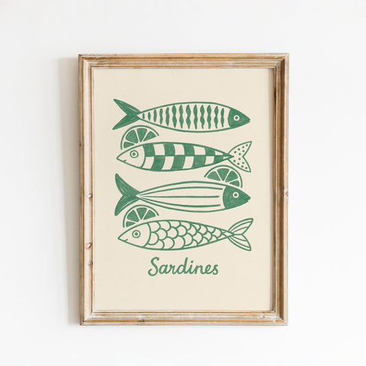 Sardines Poster – Retro Kitchen Wall Art in Green