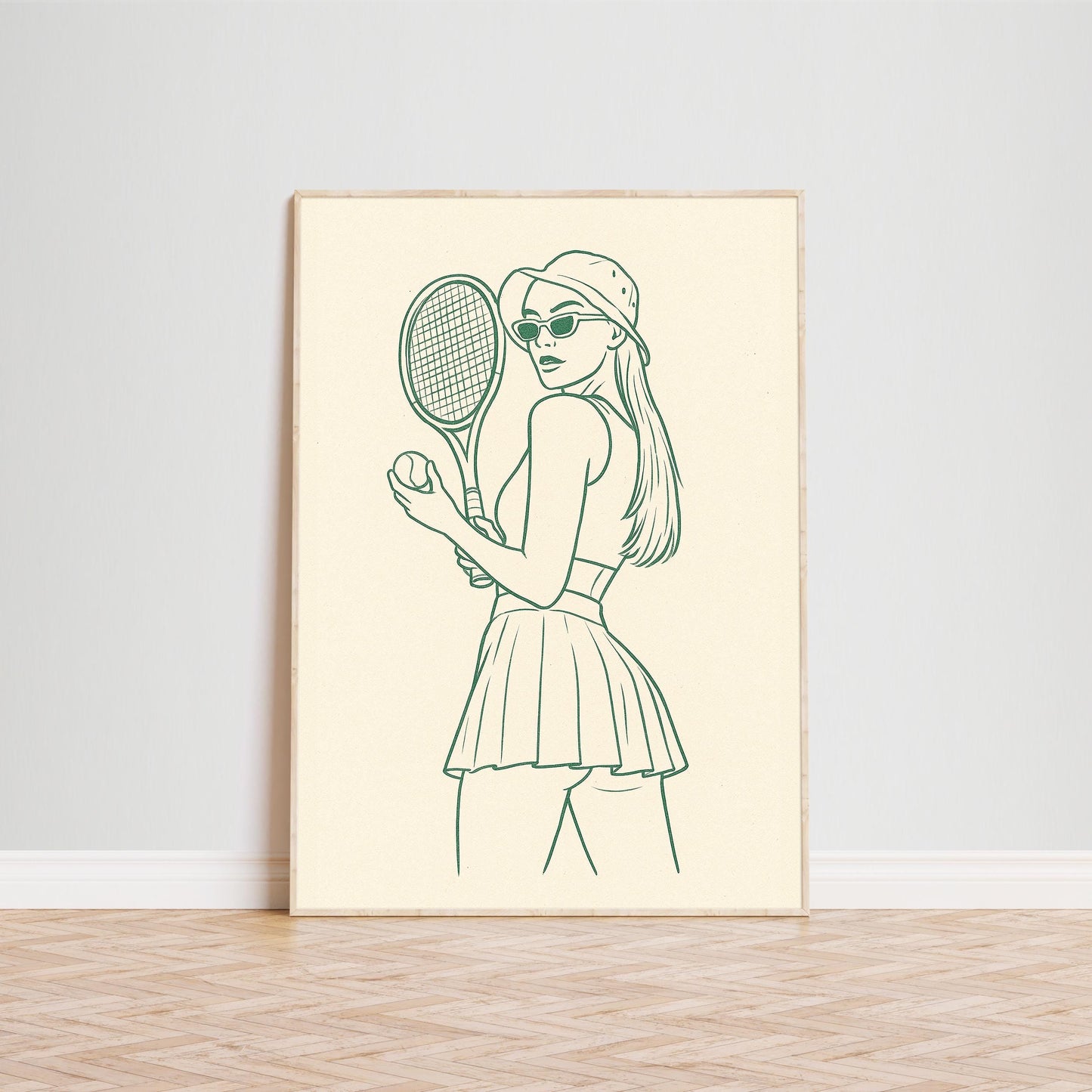 Vintage Tennis Girl Poster – Minimal Green Line Art Wall Print