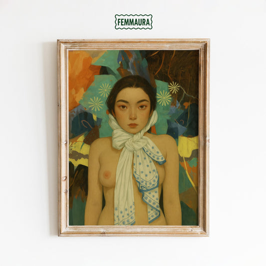 Surreal Nude Portrait – Feminine Art Print | Dreamy Scarf Fantasy Wall Decor