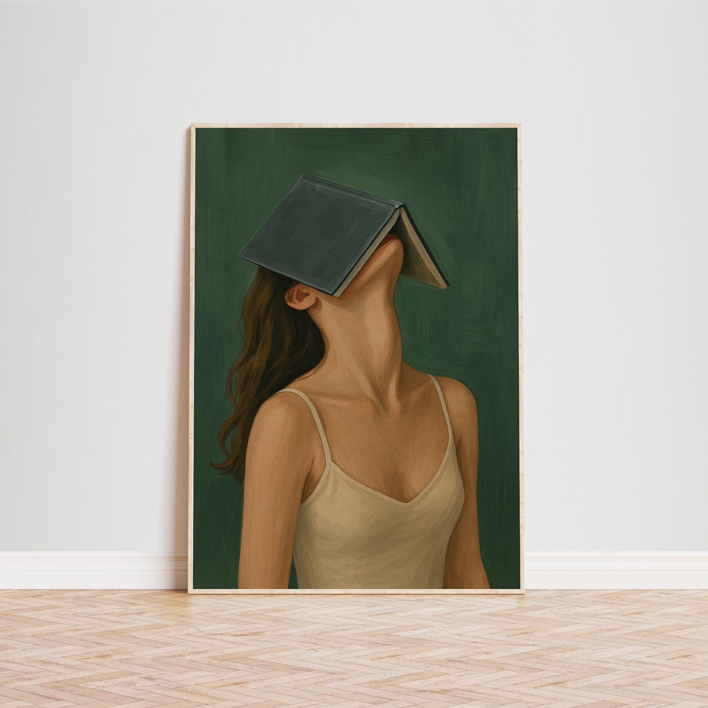 Feminine Surreal Wall Art – Dreamy Dark Green Gouache Painting Poster