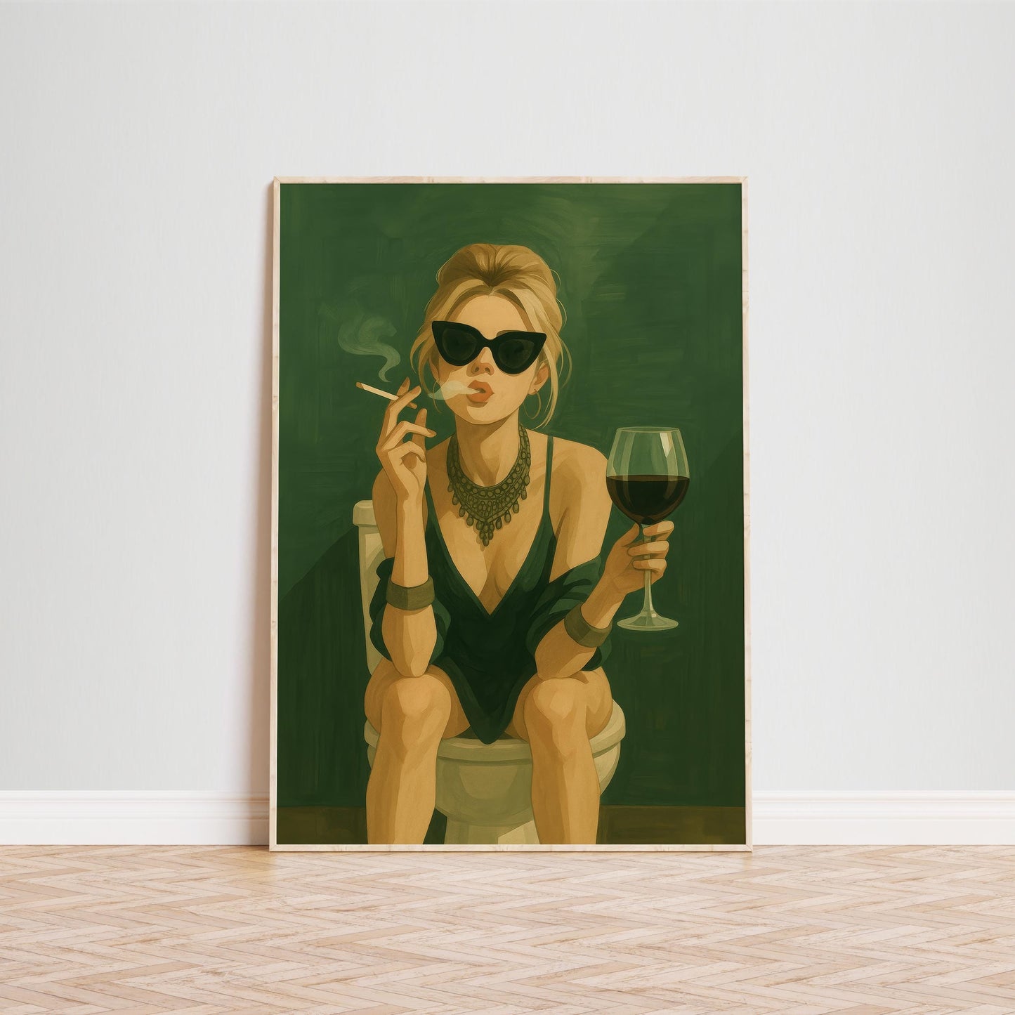 Glam Woman Poster – Feminine Wall Art | Smoking Wine Satire in Green Aesthetic