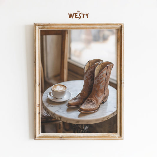Cowboy Boots & Coffee Poster – Rustic Western Café Wall Art