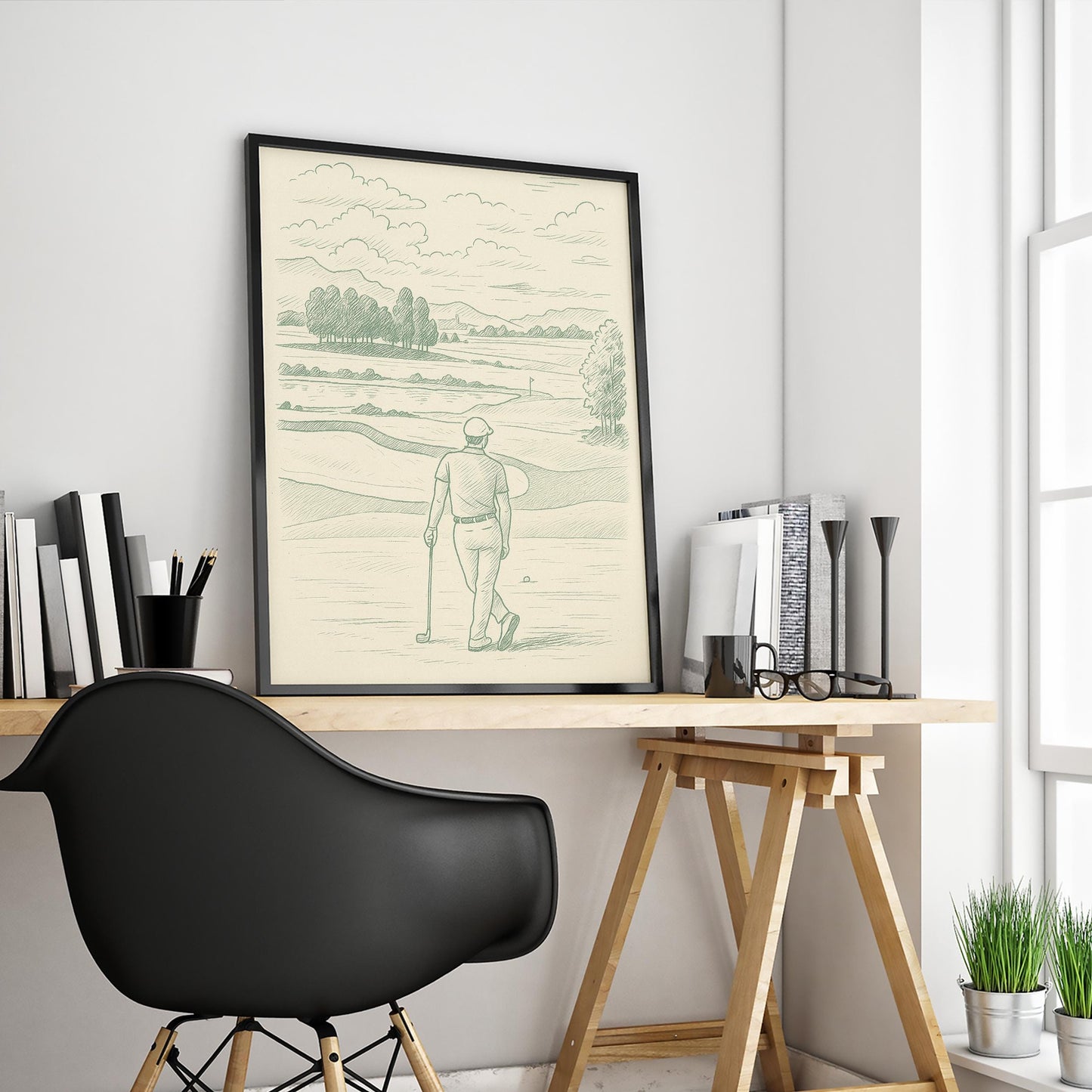 Golf Landscape Poster – Minimal Vintage Green Line Art for Sport Lovers