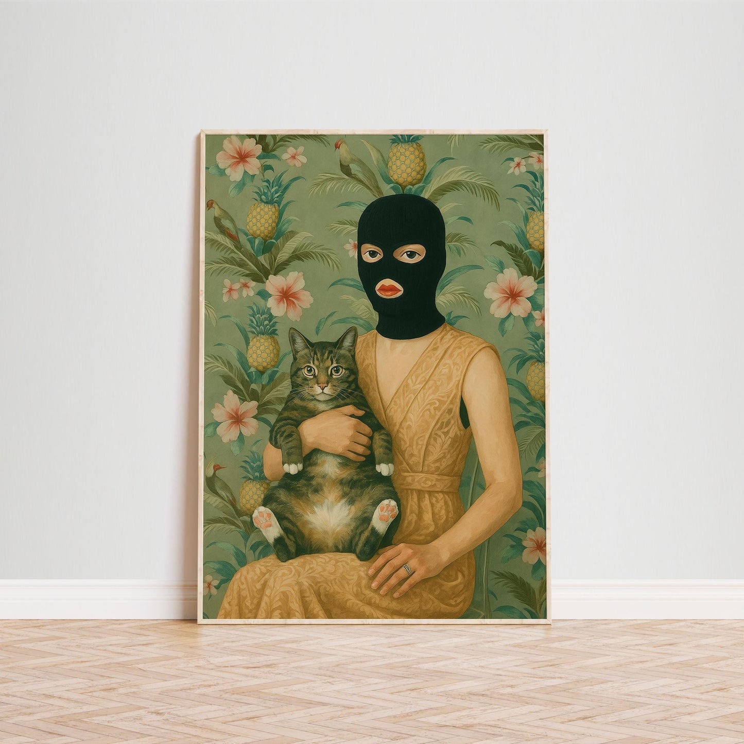 Masked Woman Poster – Surreal Wall Art With Cat, Vintage Gouache Print