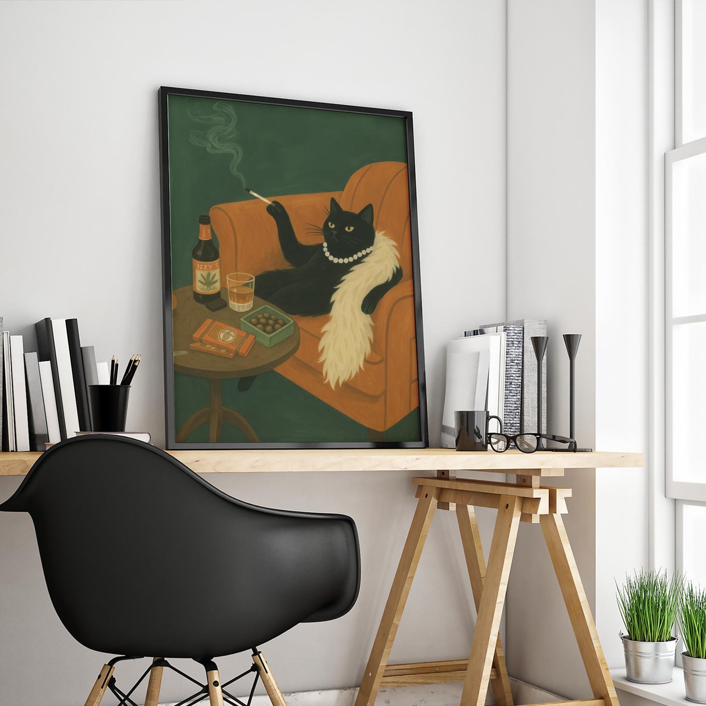Black Cat Wall Art – Retro Glam Decor with Elegant, Moody Feline Print