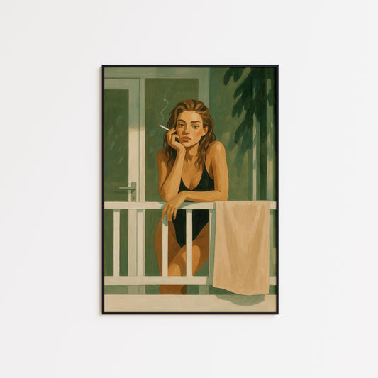 Modern Feminist Poster – Cinematic Retro Wall Art | Moody Green Balcony Print