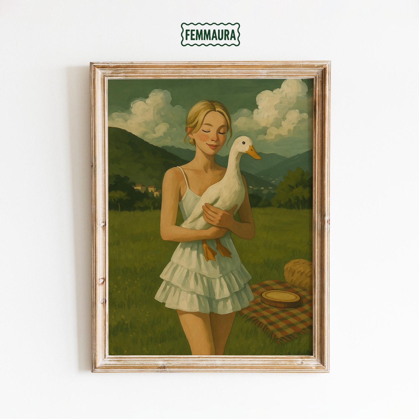 Girl With Goose Poster – Whimsical Countryside Wall Art With Rustic Farmhouse Decor