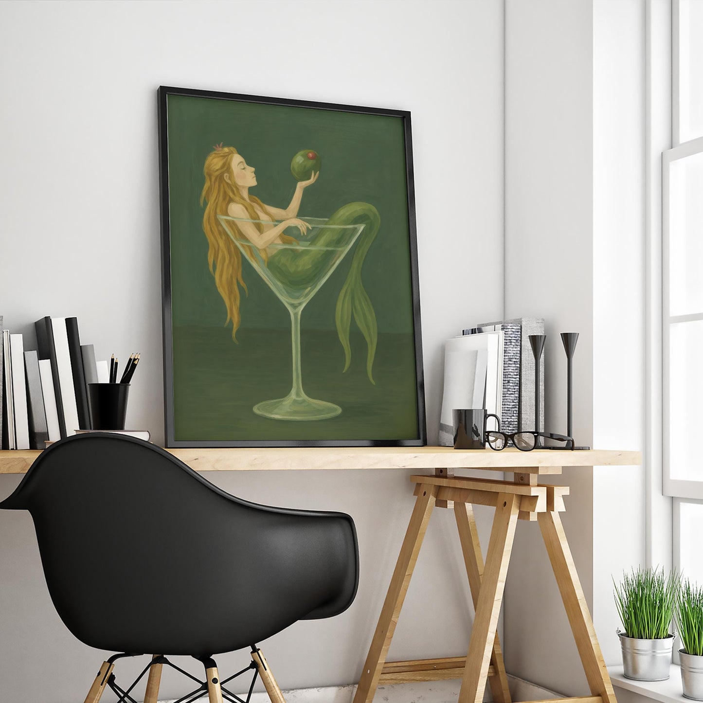Mermaid Wall Art - Fantasy Cocktail Print in Green Martini Glass for Bar Decor