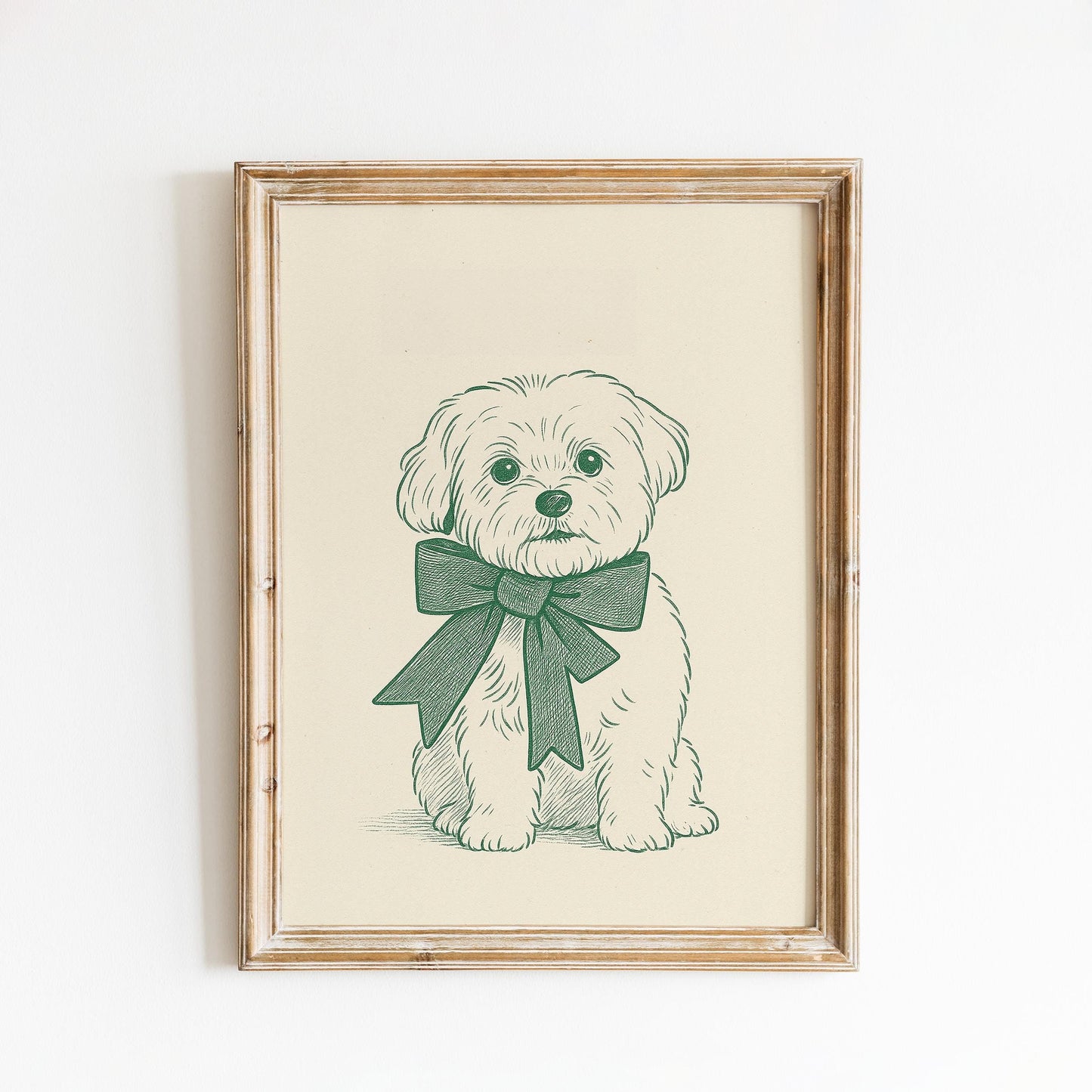 Green Bow Puppy Poster – Minimal Dog Illustration Wall Art