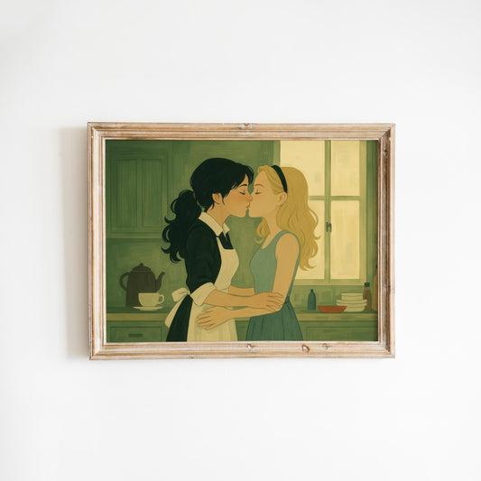 Sapphic Vintage Poster – Lesbian Kiss Art With Cozy Retro Kitchen Print