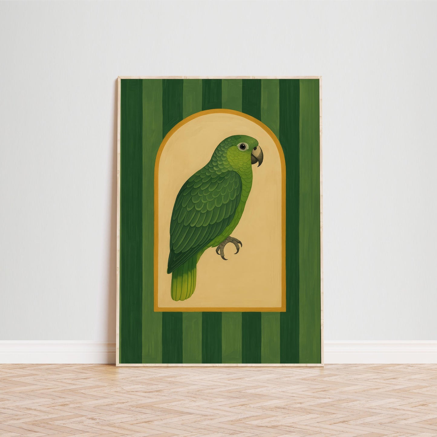 Green Parrot Wall Art – Vintage Jungle Bird Print With Striped Background