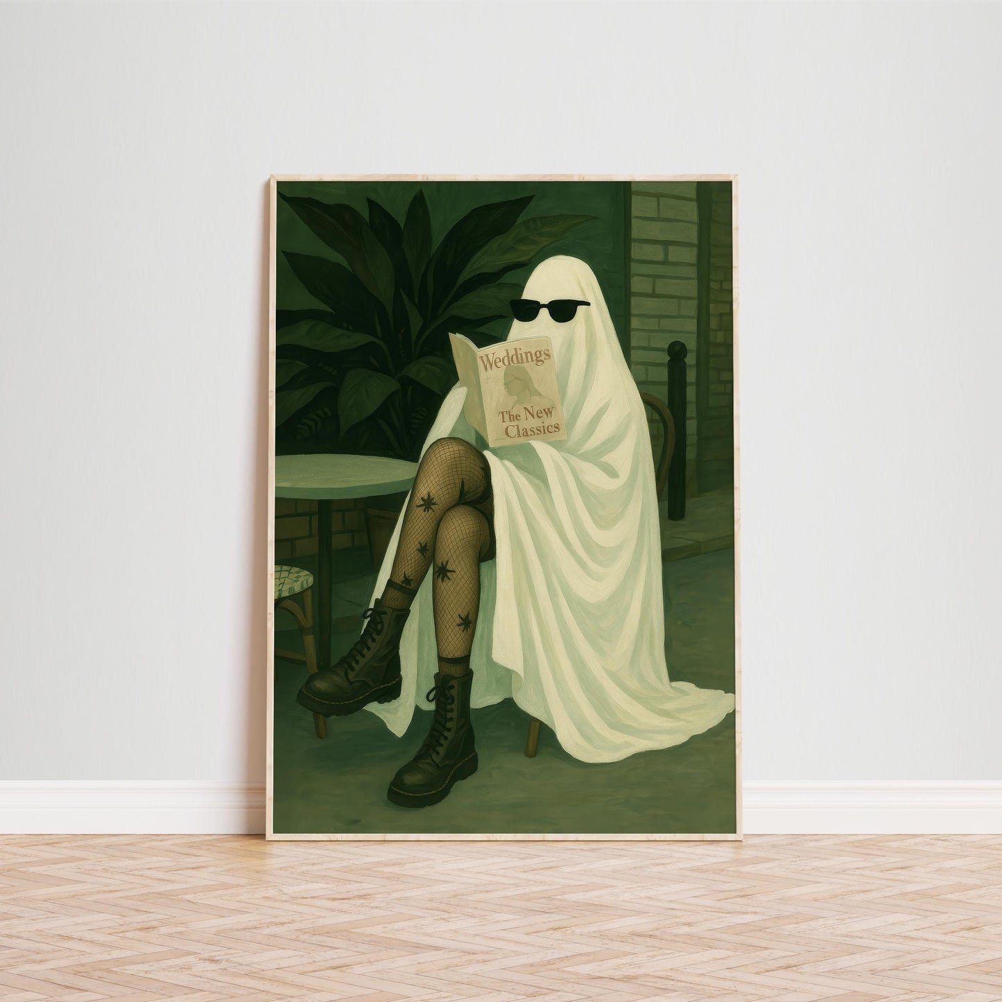 Gothic Ghost Wall Art – Whimsical Ghost Decor Reading Magazine Print