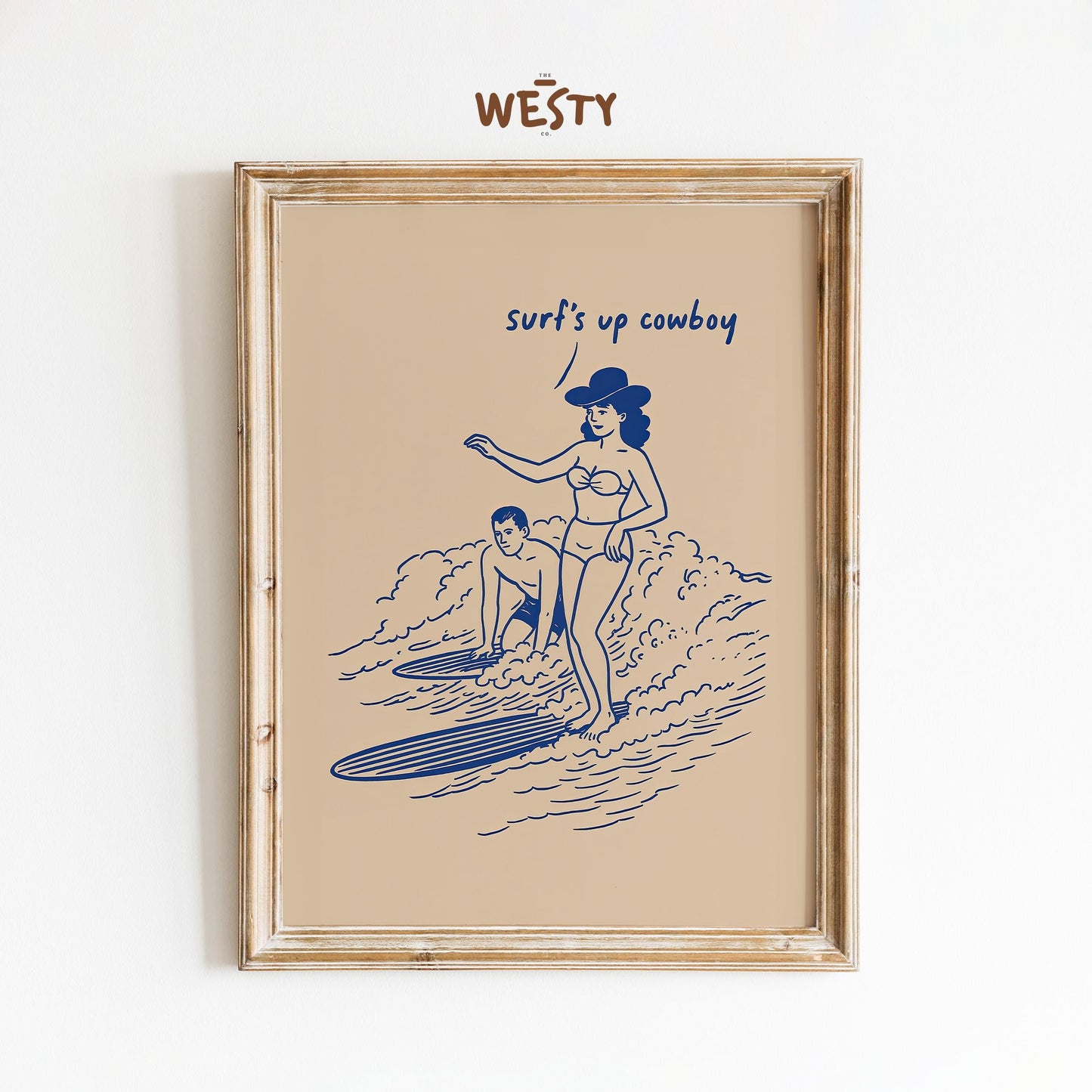 Retro Cowgirl Surf Art – Playful Western Beach Decor With Comic Style Illustration