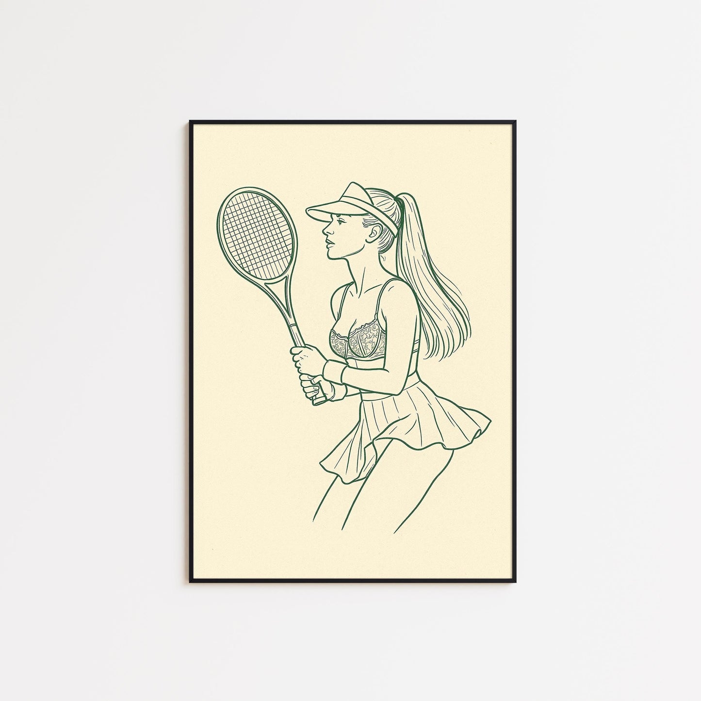 Female Tennis Player Poster – Minimal Vintage Line Art in Green