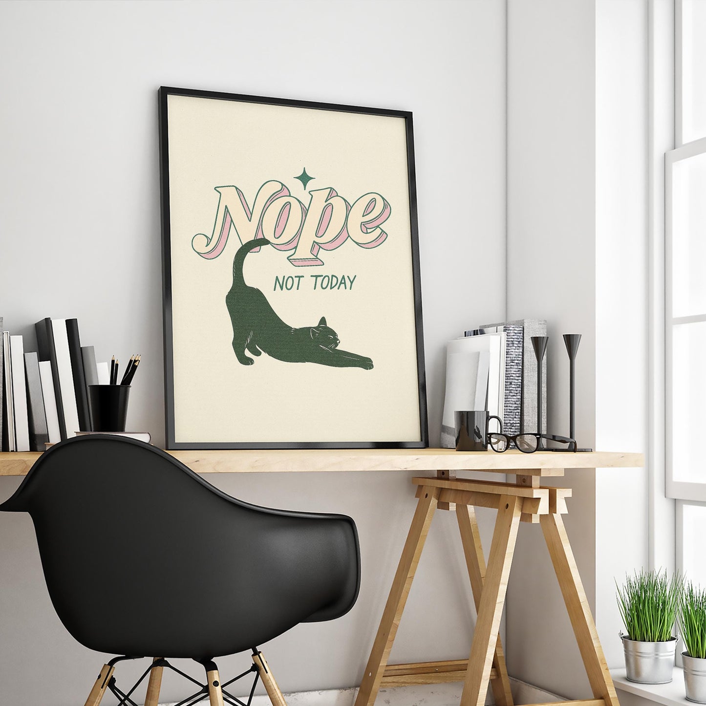 Nope Not Today – Funny Cat Minimal Poster, Cozy Vintage Wall Art