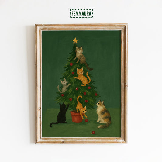 Christmas Cat Poster – Playful Multi-Cat Christmas Tree Holiday Wall Art