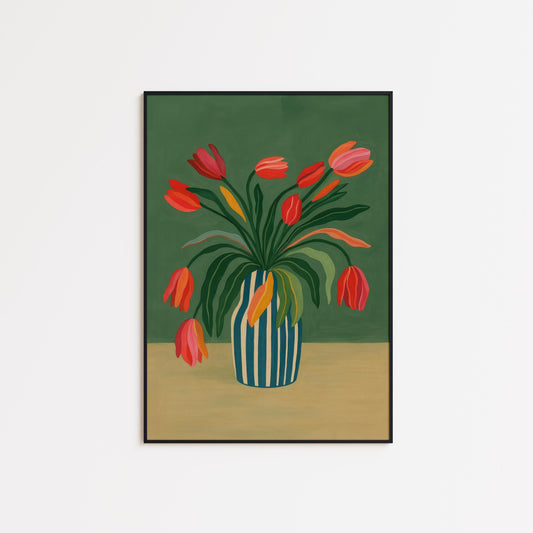 Tulip Wall Art – Colorful Vintage Print with Striped Vase Tulips Bouquet