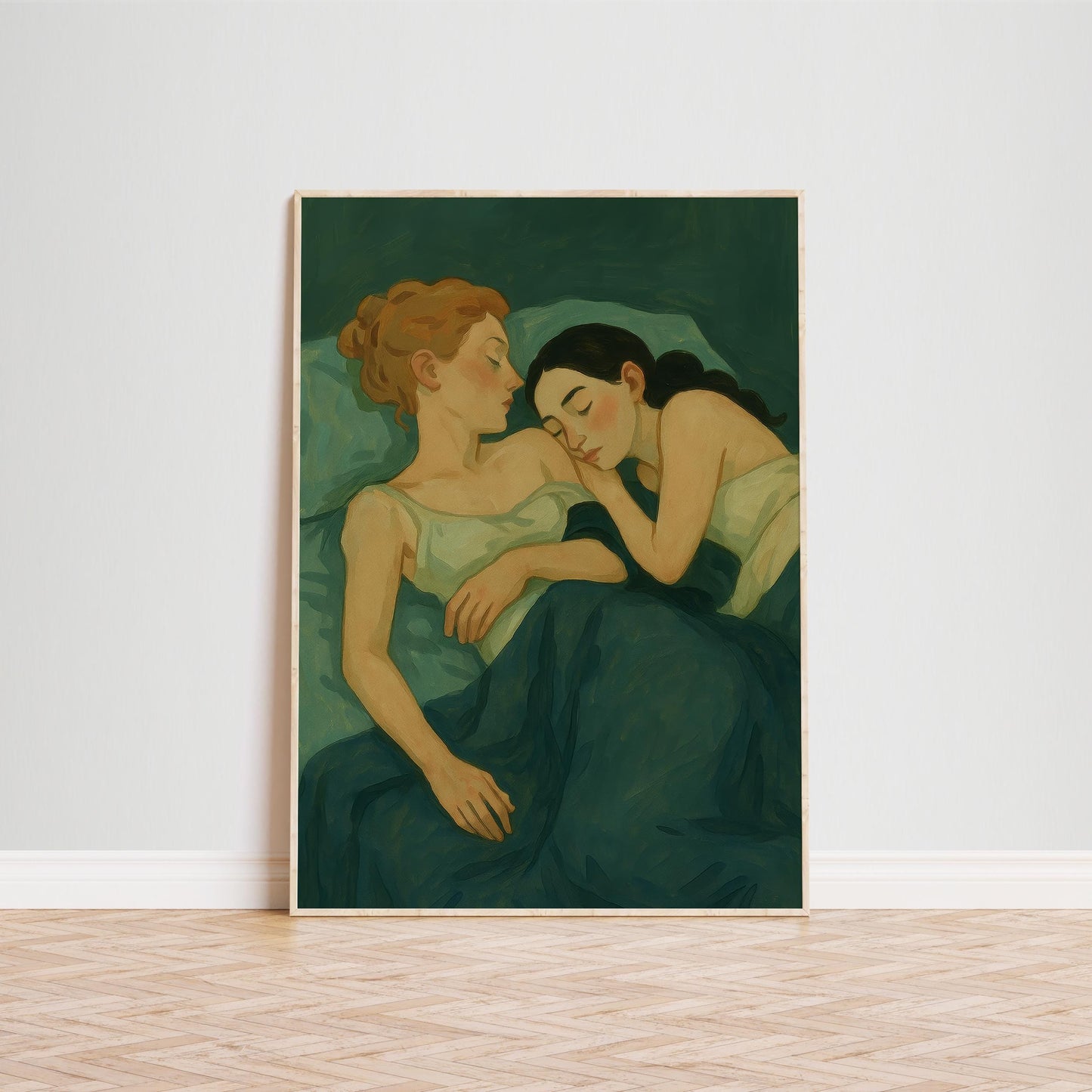 Lesbian Couple Print – Soft Vintage Queer Bedroom Art With Emerald Green Hues