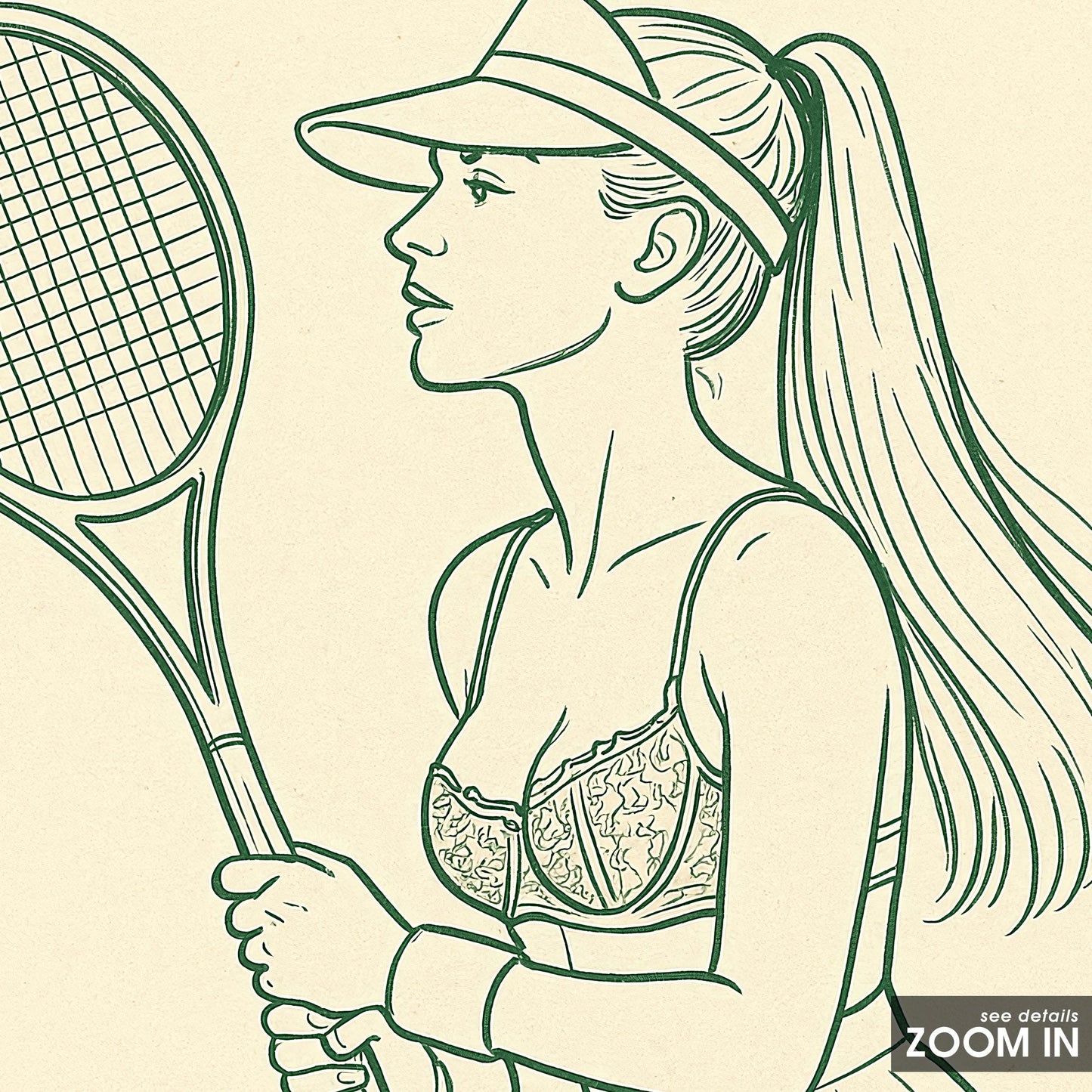 Female Tennis Player Poster – Minimal Vintage Line Art in Green