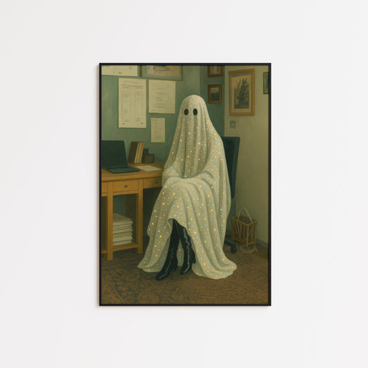 Quirky Gothic Wall Art – Surreal Ghost Print With Office Chair Decor