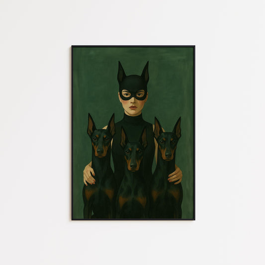 Dark Feminine Wall Art – Masked Woman Print with Doberman Dog Artwork
