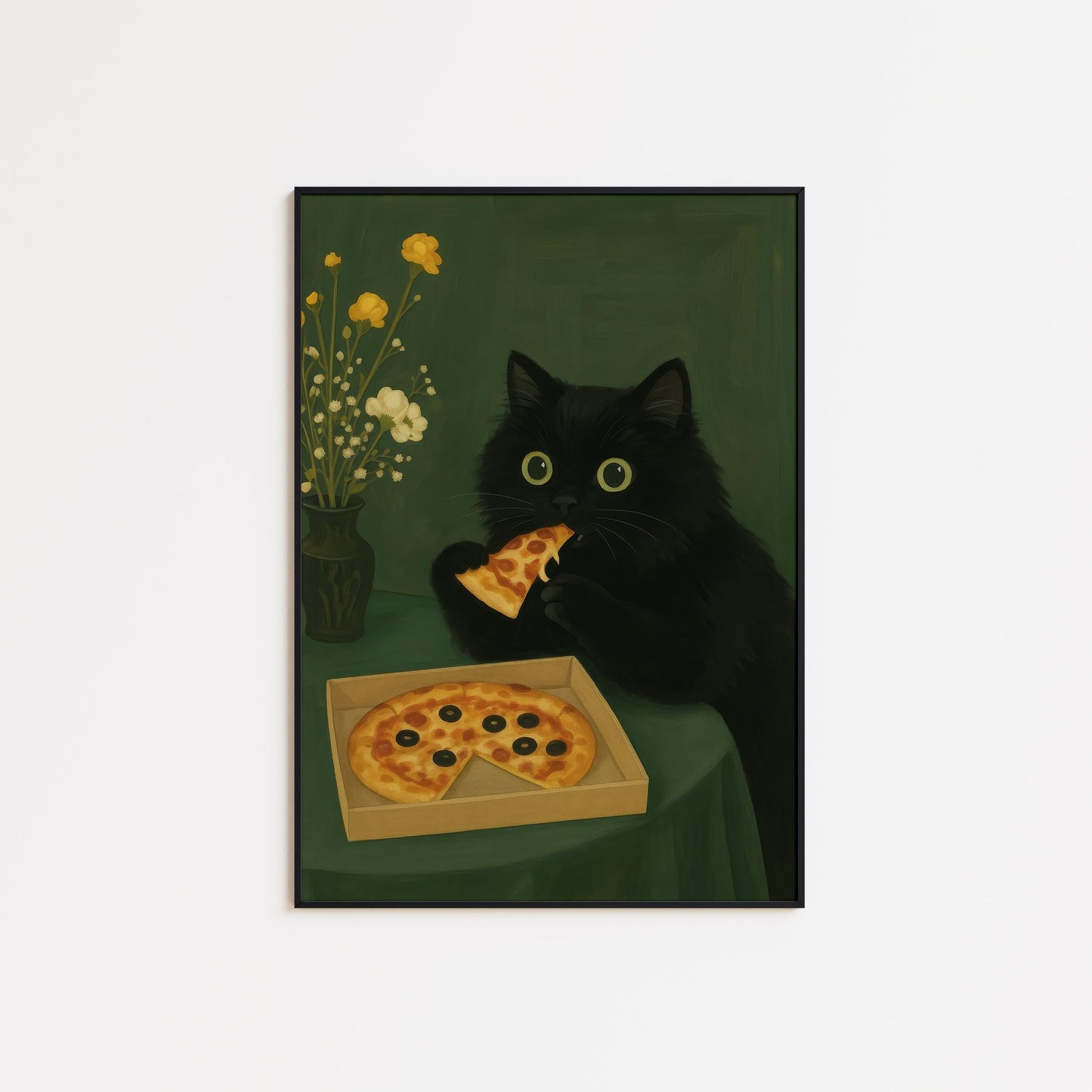 Black Cat Wall Art – Funny Cat Poster With Pizza Lover Decor & Playful Charm