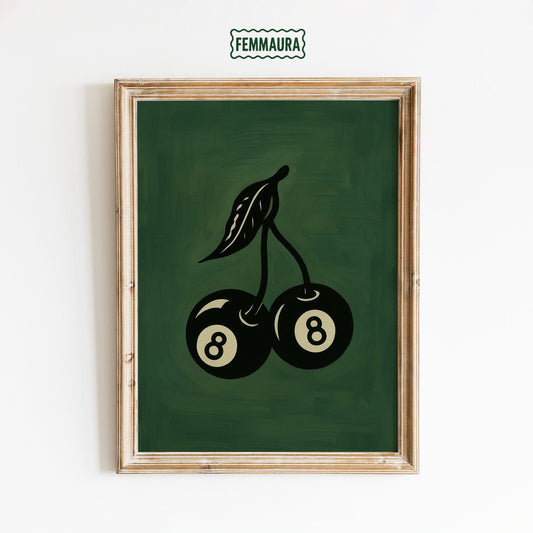 8 Ball Cherry Poster – Retro Wall Art | Bold Green Game Room Decor