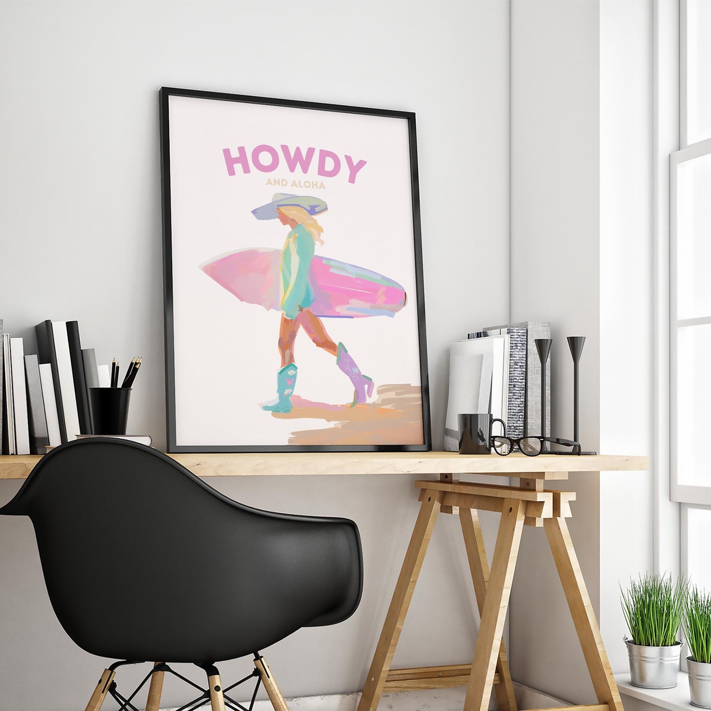 Howdy and Aloha Poster – Western Surfer Girl Pastel Wall Art