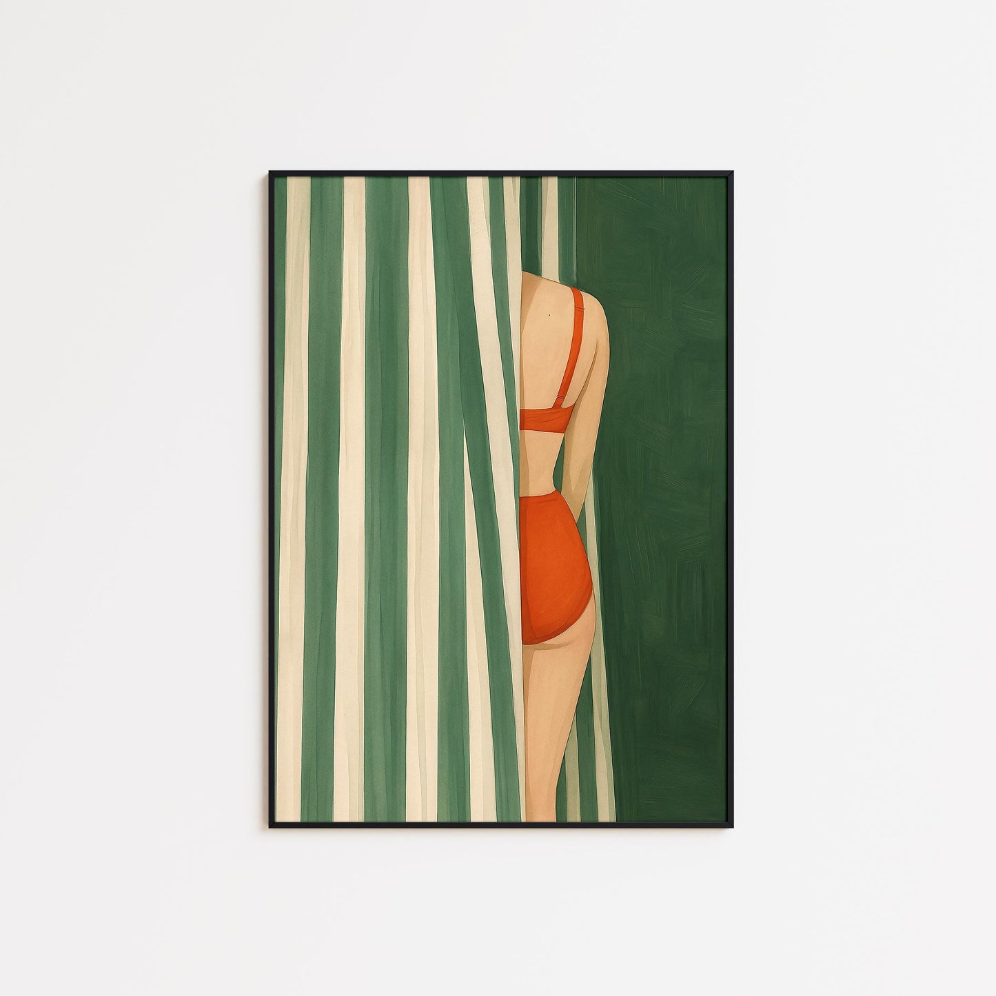 Retro Swimsuit Poster – Striped Curtain Art With Bold Feminine Wall Decor