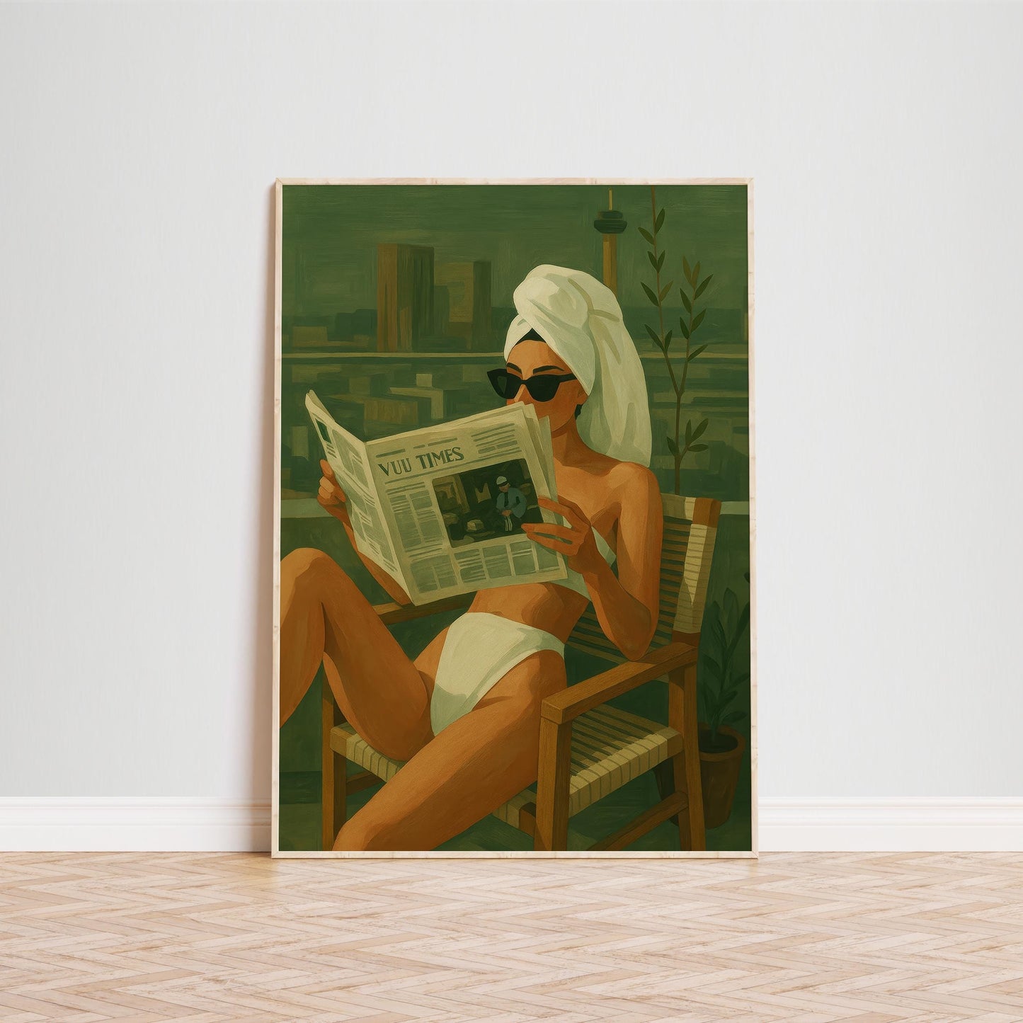 Modern Feminine Wall Art – Urban Balcony Art | Green Cityscape Poster Print