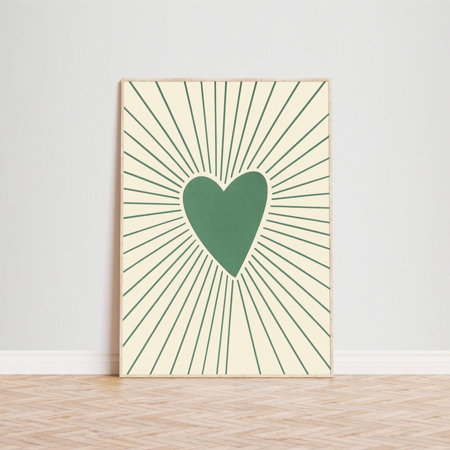 Green Heart Rays Poster – Minimal Love Wall Art with Retro Lines