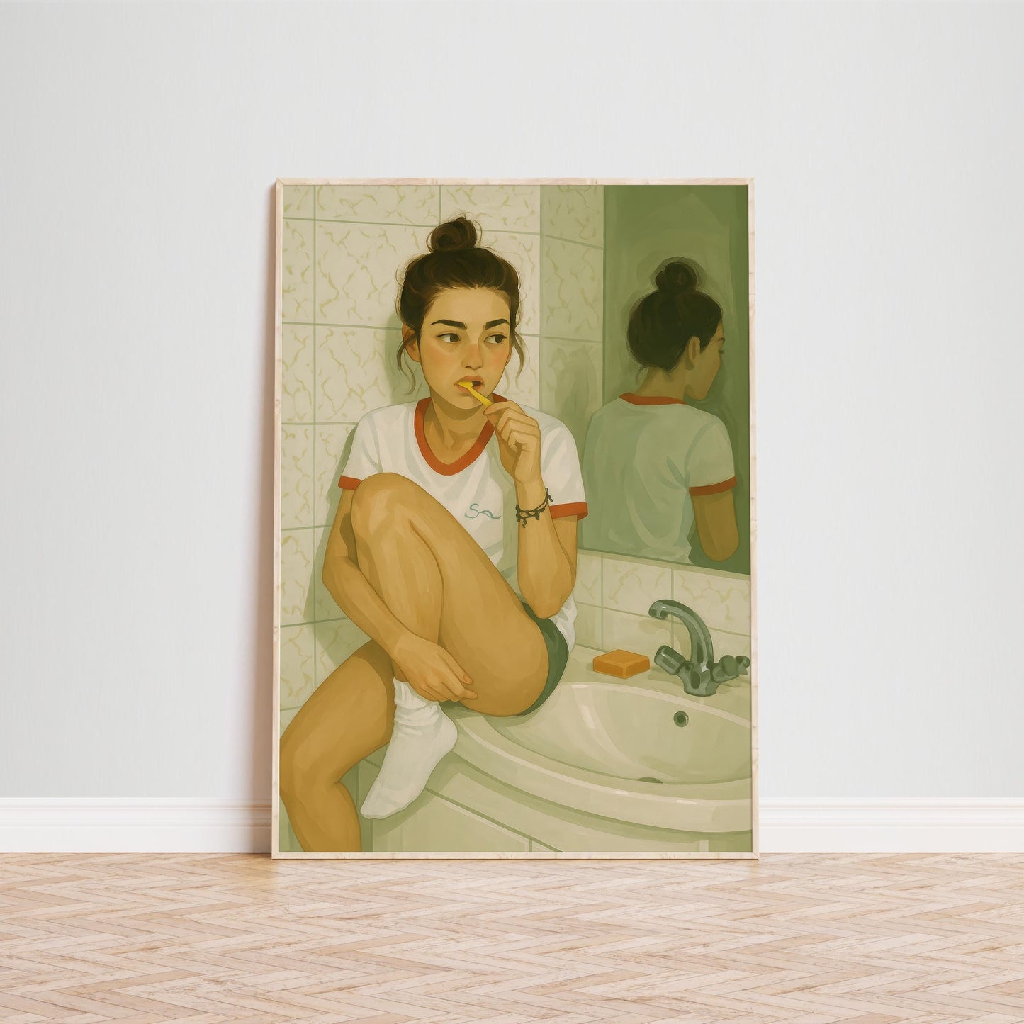 Aesthetic Wall Art – Morning Routine Art | Minimalist Girl Print for Bedroom & Bathroom