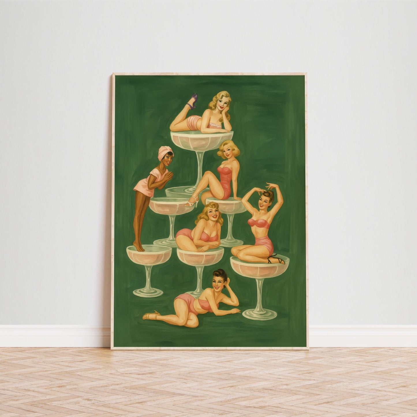 Champagne Tower Poster – Vintage Pinup Art | Playful Feminine Group Print