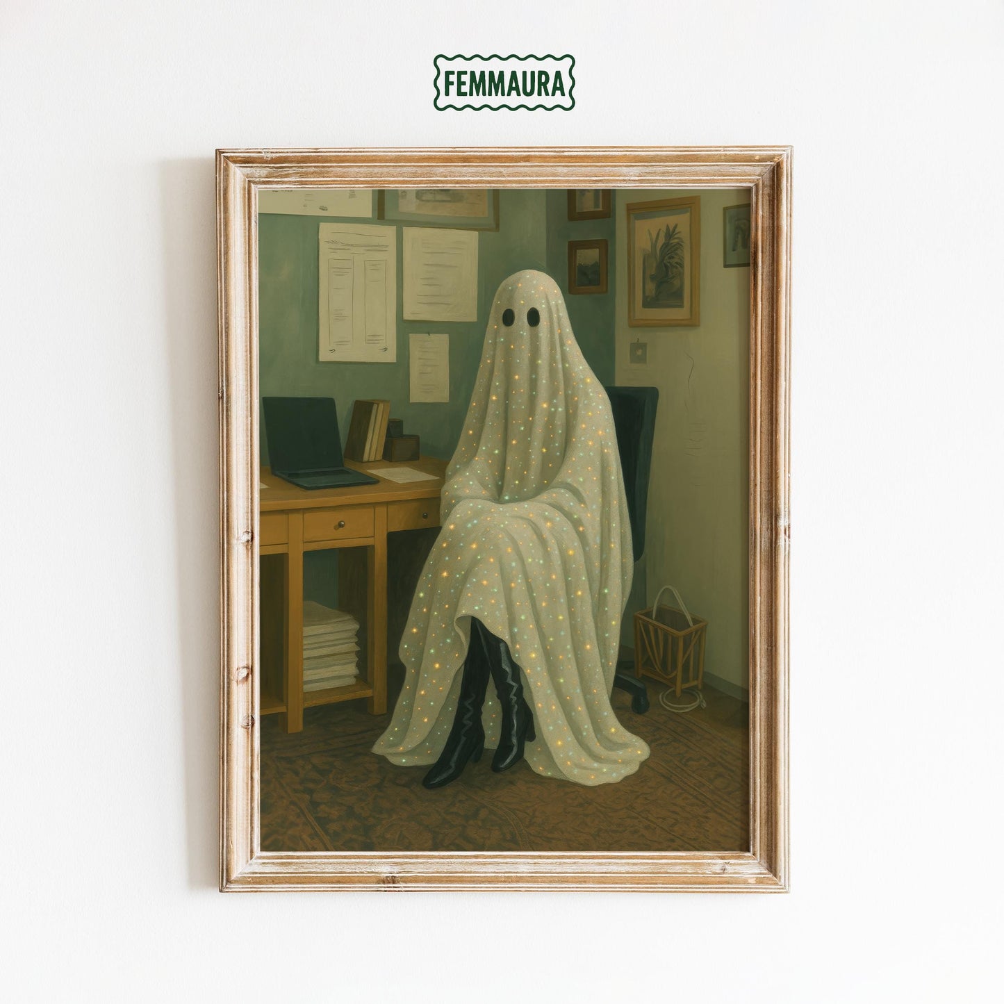 Quirky Gothic Wall Art – Surreal Ghost Print With Office Chair Decor