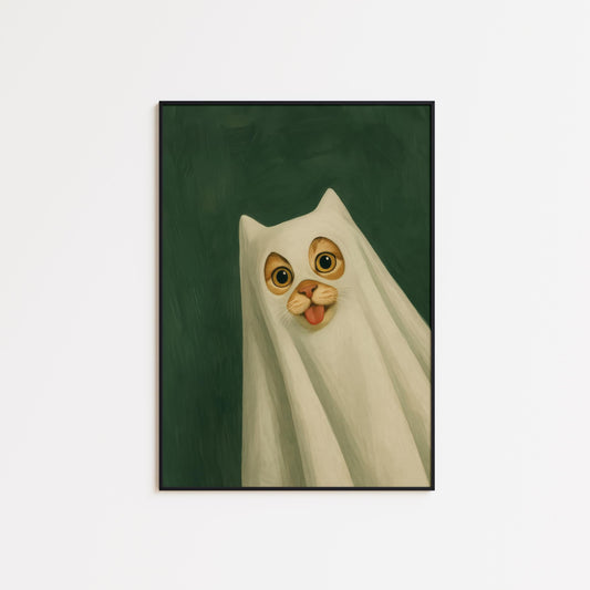 Ghost Cat Wall Art – Cute Spooky Poster | Halloween Cat Poster Decor