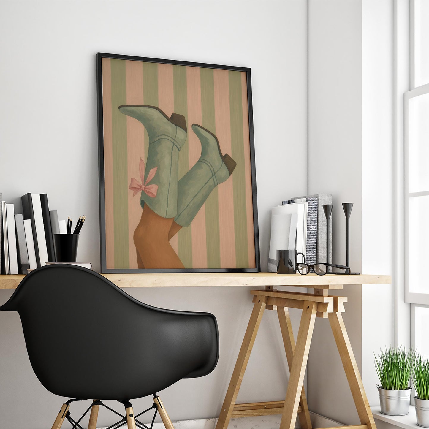 Mint Cowgirl Boots Poster – Feminine Western Wall Art with Retro Stripes & Pink Bow