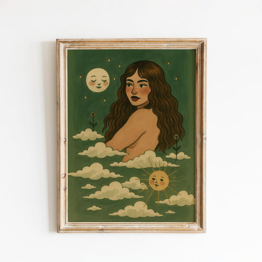 Sun and Moon Wall Art – Celestial Feminine Print With Green And Gold Palette