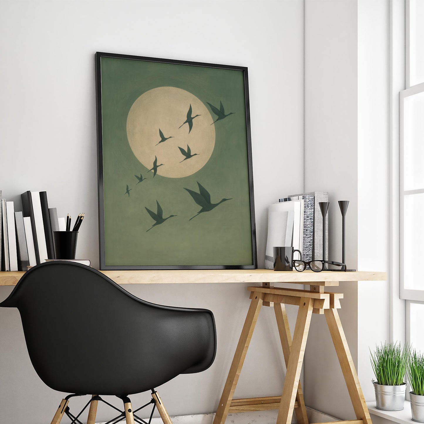 Minimalist Crane Moon Poster – Soothing Bird Wall Art in Green and Gold Tones
