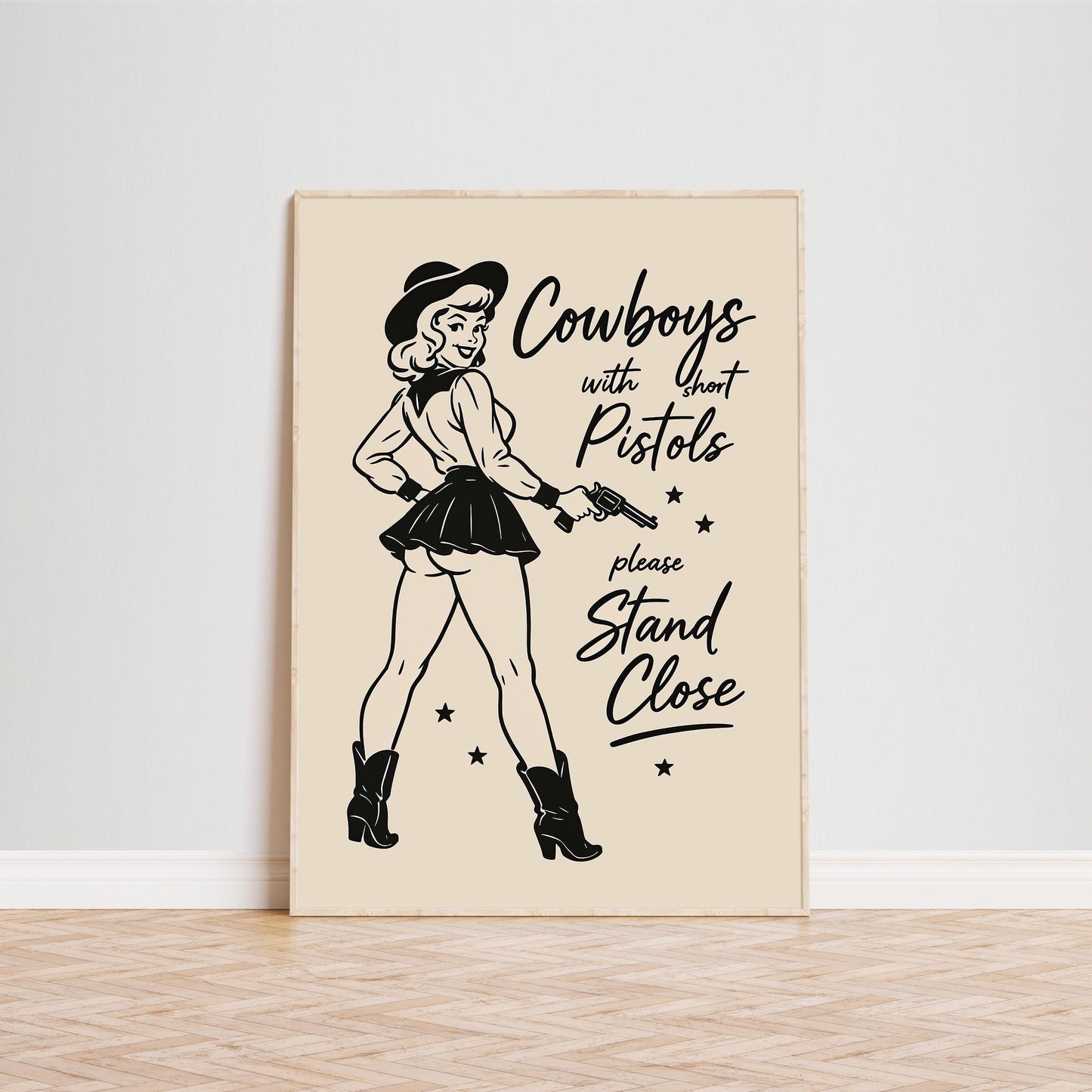 Cowboys with Short Pistols – Retro Cowgirl Humor Print for Sassy Wall Decor