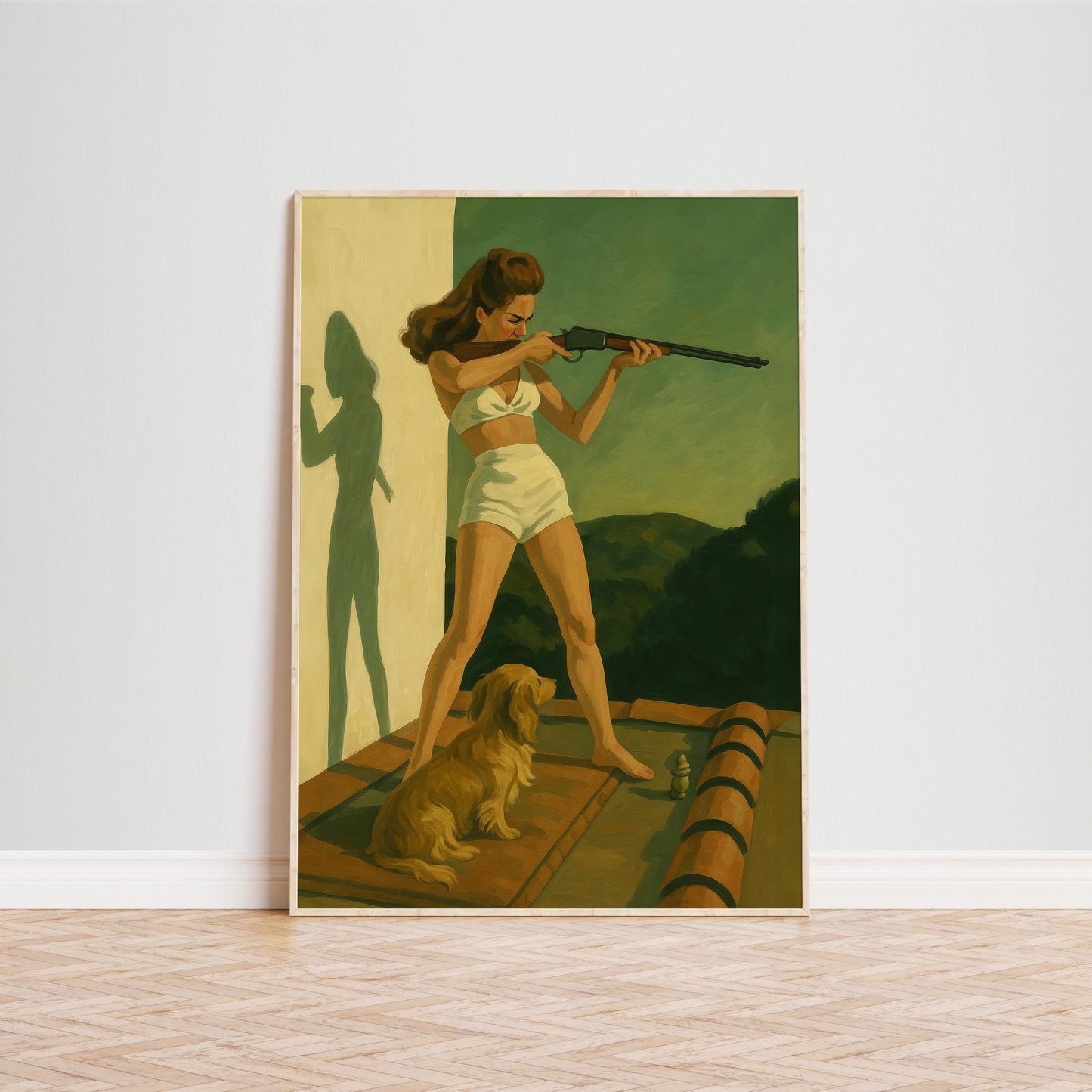 Retro Woman Rifle Poster – Feminine Power Art | Green Tone Wall Art