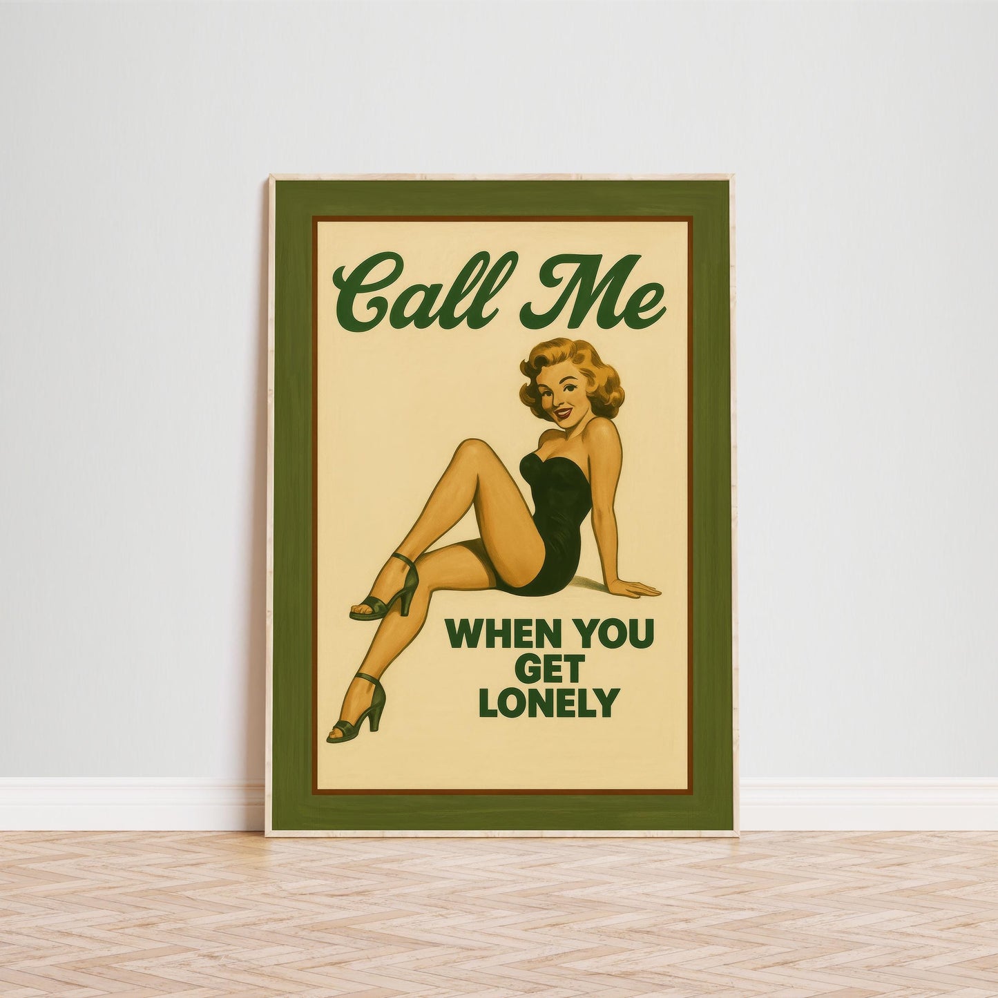 Retro Pin-Up Poster – Vintage Wall Art With Cheeky Olive Green Charm