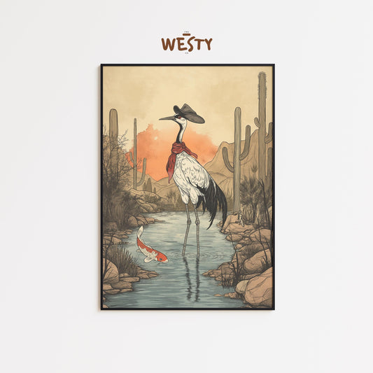 Cowboy Crane Poster – East-West Surreal Bird Art in Desert Oasis