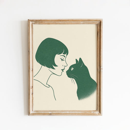 Woman and Cat Minimalist Poster – Emotional Line Art Print, Cozy Neutral Wall Decor